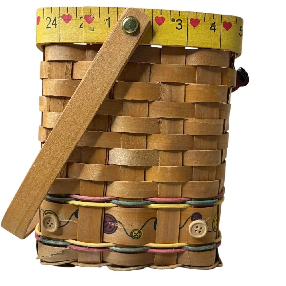 Vintage Primitive Wooden Sewing Basket Woven Wood Slat Ruler Spools Buttons